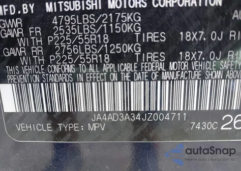 2018 Mitsubishi Outlander Se z USA, uszkodzony, nr VIN JA4AD3A34JZ004711
